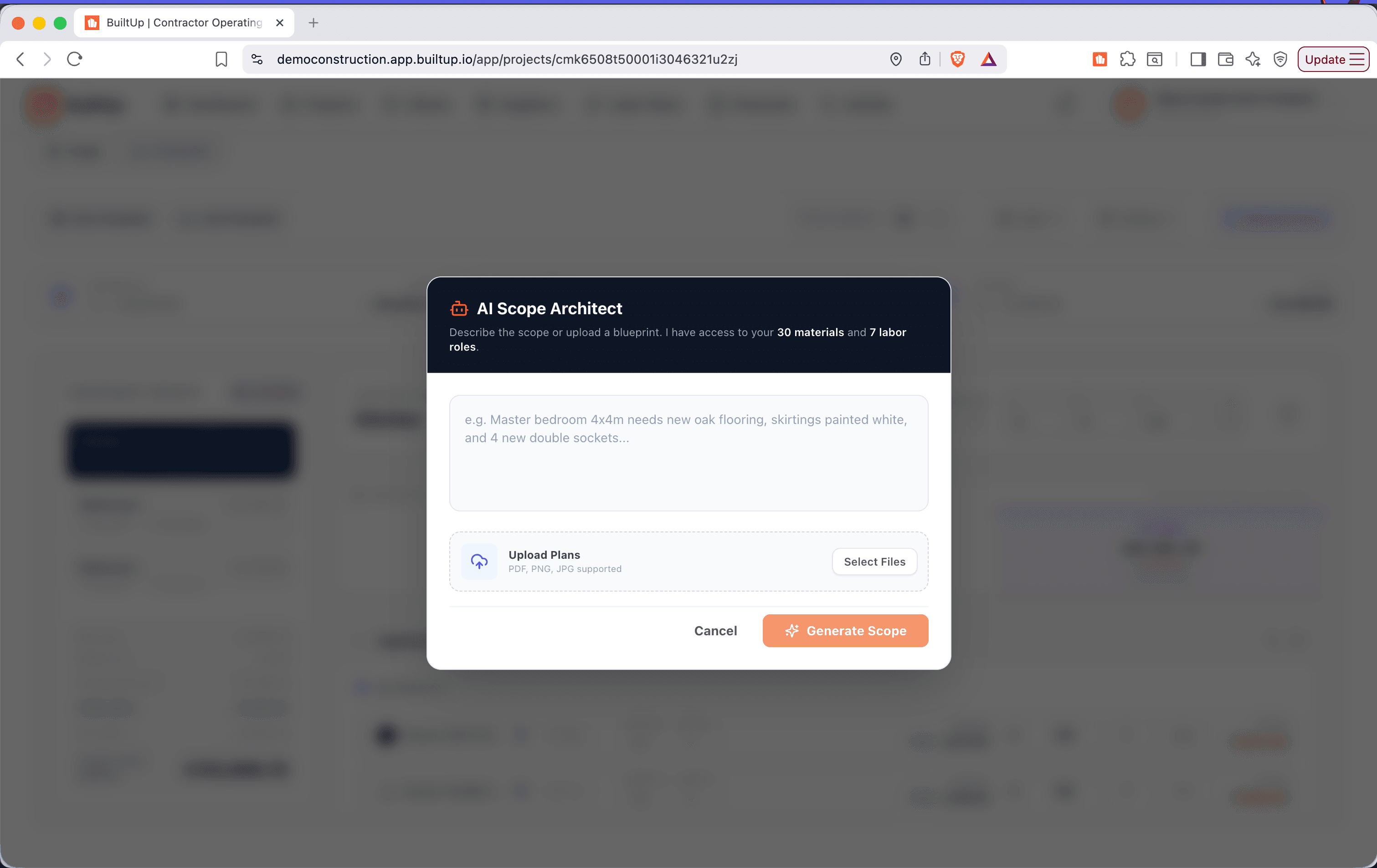 BuiltUp AI Scope Architect modal — describe a scope or upload blueprints to generate a priced estimate