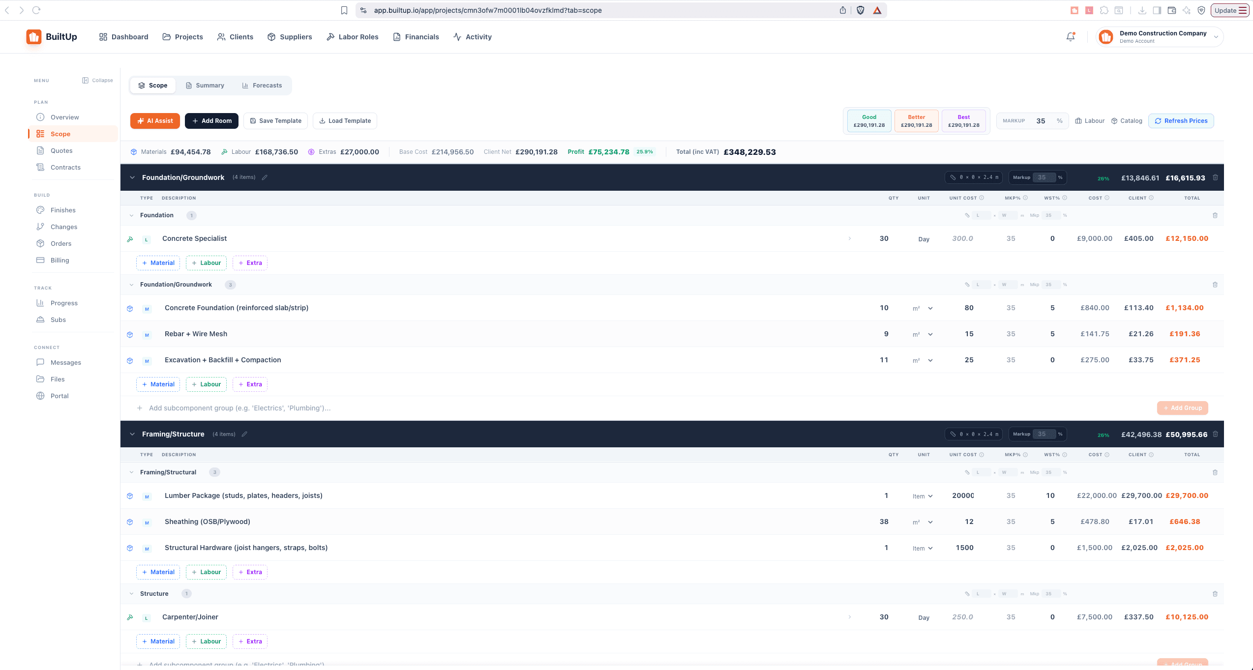 BuiltUp AI Scope Architect modal — describe a scope or upload blueprints to generate a priced estimate