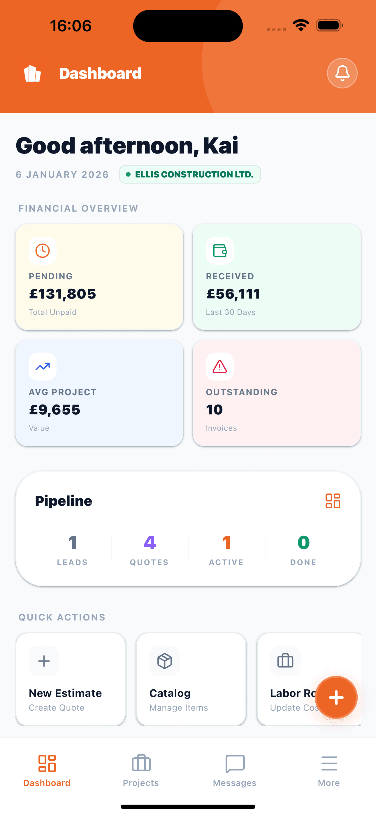 The BuiltUp app on a phone — pipeline, invoices and project value at a glance