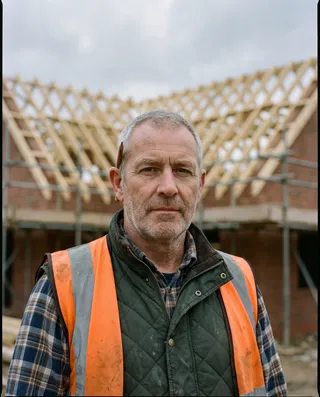 A custom home builder in his fifties in a gilet and orange hi-vis vest, in front of a half-built brick house with new roof trusses.