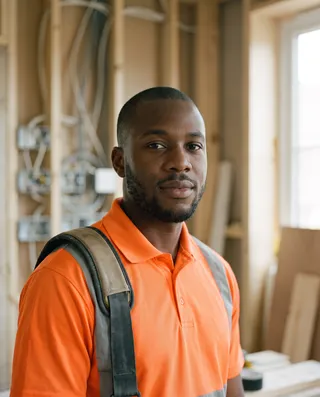 An electrician in his late twenties in an orange hi-vis polo with a tool pouch strap, in front of a stud wall of first-fix cabling.