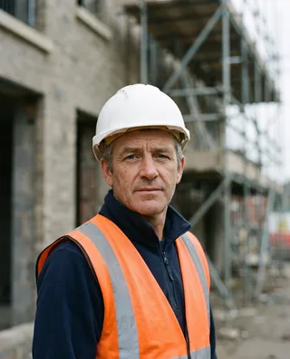 A main contractor in his late forties in an orange hi-vis vest and white hard hat, on a masonry site with scaffolding behind him.