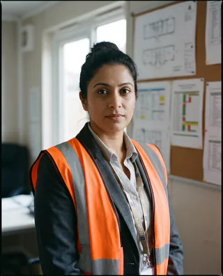 A quantity surveyor in her thirties in a charcoal jacket and open orange hi-vis vest, in a site office with drawings pinned behind her.