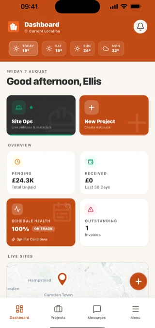 The BuiltUp iOS app on the dashboard: a four day weather strip over the current site, shortcuts to site operations and a new project, £24.3K pending against nothing received in the last thirty days, schedule health at 100% on track, one outstanding invoice, and a map of live sites across north London.