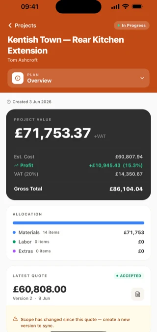 A project in the BuiltUp iOS app, the Kentish Town rear kitchen extension. Project value £71,753.37 excluding VAT, estimated cost £60,807.94, profit £10,945.43 at 15.3%, VAT at 20% of £14,350.67 and a gross total of £86,104.04. The allocation splits into materials £71,753, labour nothing yet and extras nothing. The latest quote is £60,808.00 at version 2, accepted, with a warning that the scope has changed since it went out.