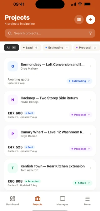The projects list in the BuiltUp iOS app, four jobs filtered by stage. A Bermondsey loft conversion awaiting quote and still estimating, a Hackney two storey side return at £87,600 sent as a proposal, a Canary Wharf washroom refurbishment at £47,525 sent, and a Kentish Town rear kitchen extension at £60,808 accepted and active.