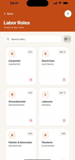 The labour rates screen in the BuiltUp iOS app, showing the account's own trades and hourly rates rather than a national average: carpenter £37, electrician £38.50, groundworker £32, labourer £20.50, painter and decorator £30, plasterer £34.