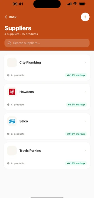 The supplier directory in the BuiltUp iOS app, four merchants and fifteen products. City Plumbing at four products, Howdens at four, Selco at three and Travis Perkins at four, each showing the markup applied to its list prices.