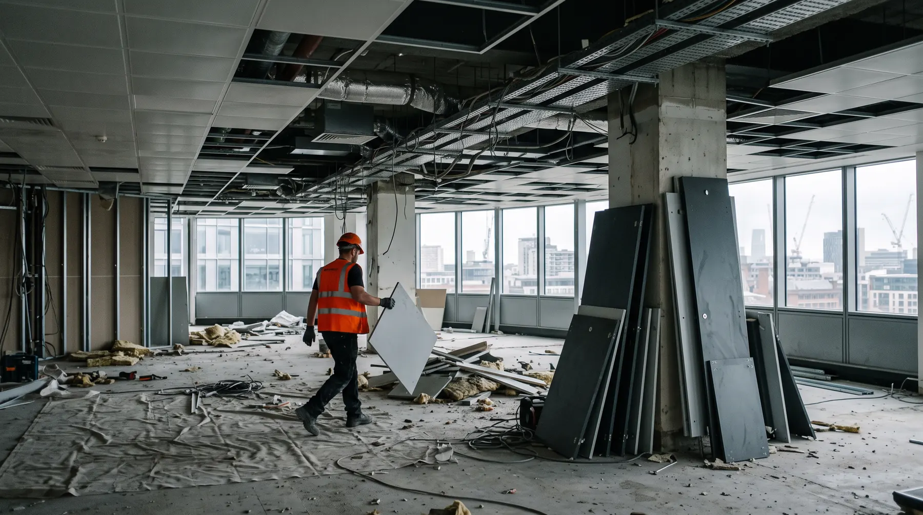 An operative carrying a panel across an office floorplate mid strip-out, the ceiling grid partly down with services exposed and IPS panels stacked against a column.
