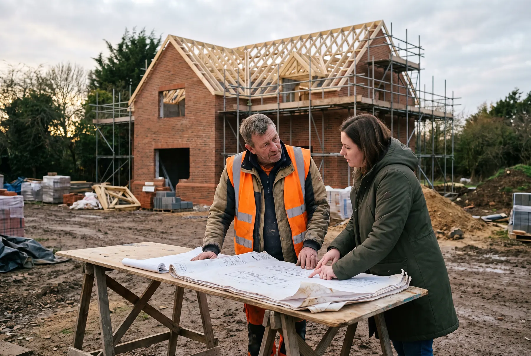 A builder in a hi-vis vest and a client talking over a drawing set spread on a trestle table, a half-built brick house with roof trusses and scaffolding behind them.