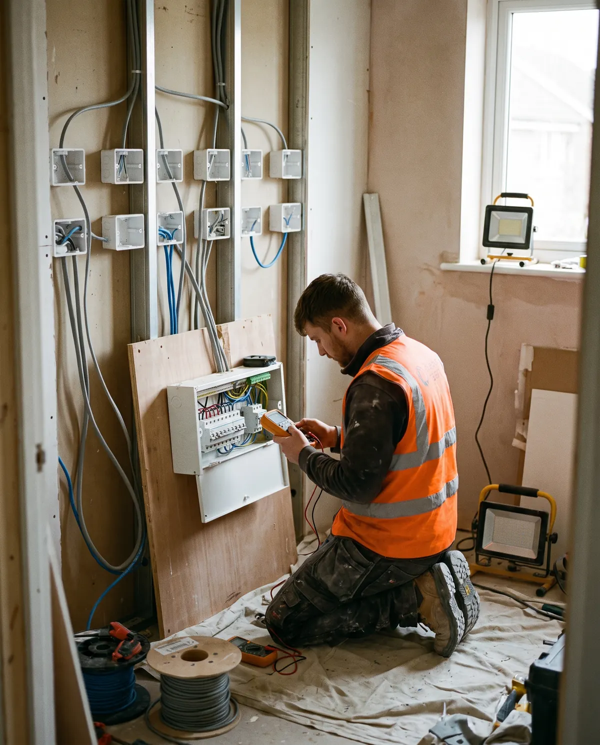 An electrician kneeling at an open consumer unit with a test meter, a stud wall of back boxes and cabling behind and a drum of cable on the dust sheet.
