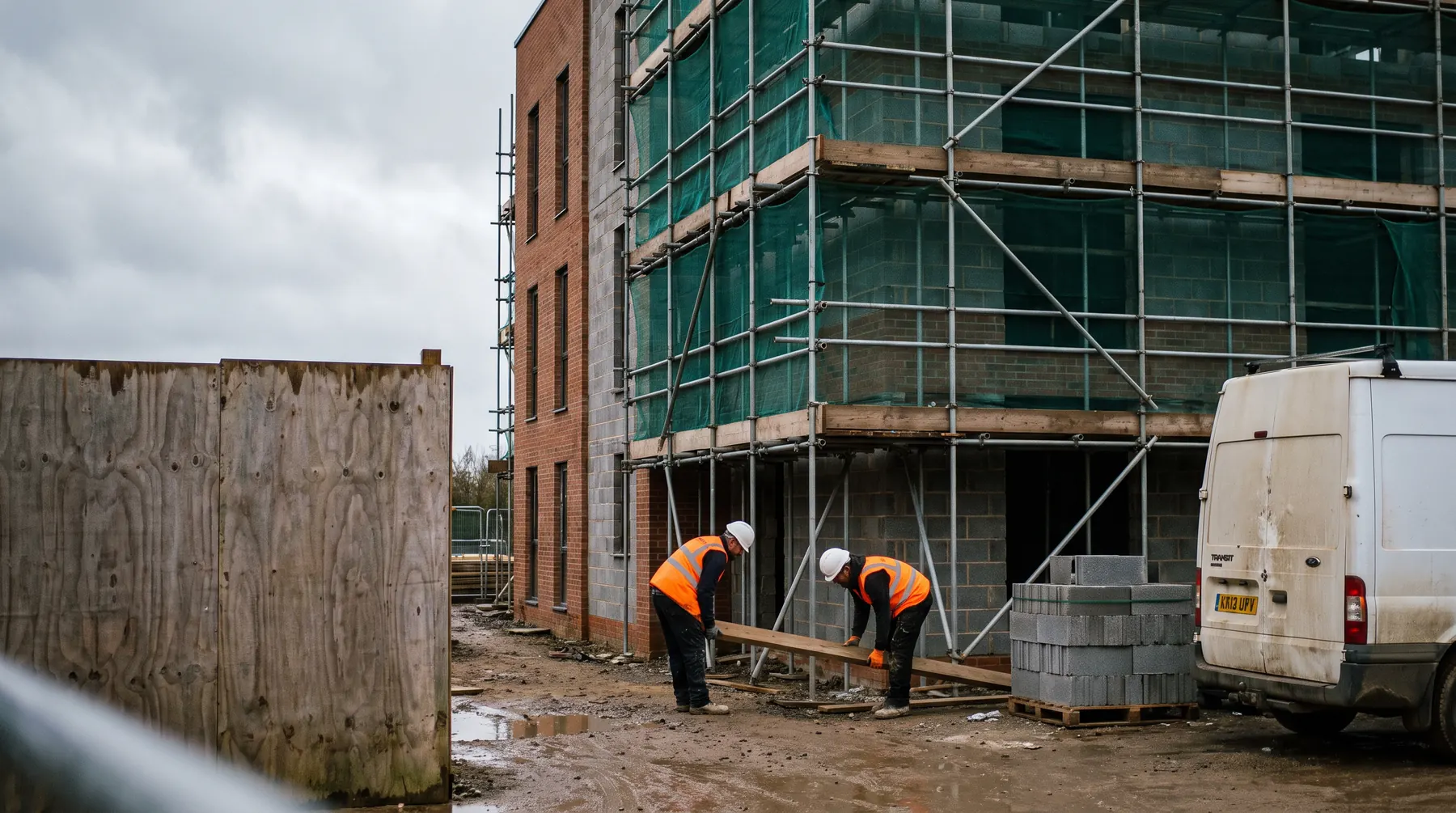 A UK construction site under an overcast sky: scaffold up on a masonry building, materials stacked, operatives in orange hi-vis working at ground level.