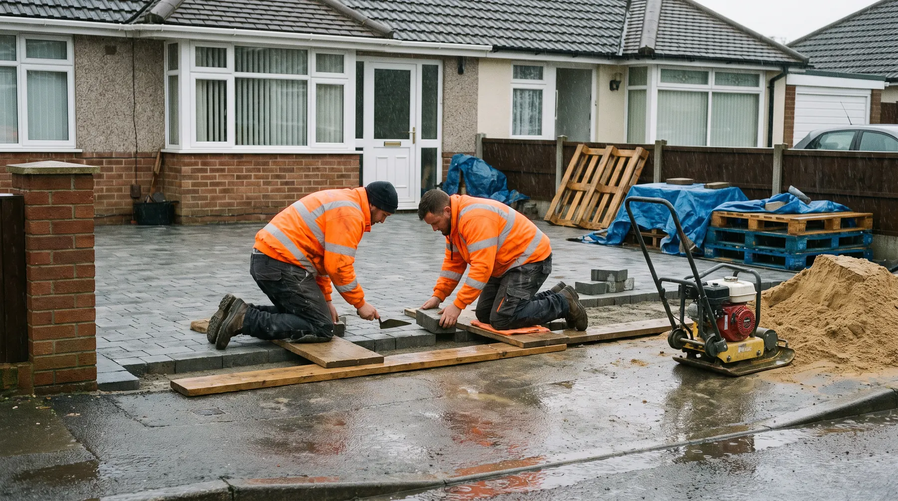 Two landscapers kneeling to lay block paving on a wet driveway outside a bungalow, with a plate compactor and a heap of sharp sand beside them.