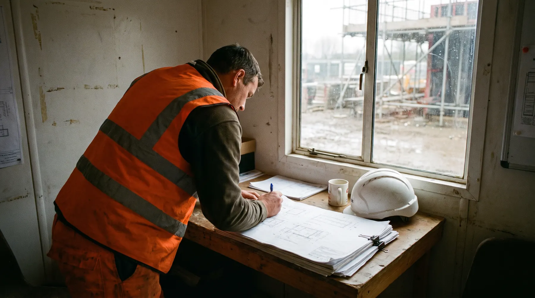 A contracts manager in a hi-vis vest leaning over a site-cabin bench, marking up a drawing by hand, with a hard hat and a mug alongside and scaffolding visible through the window.