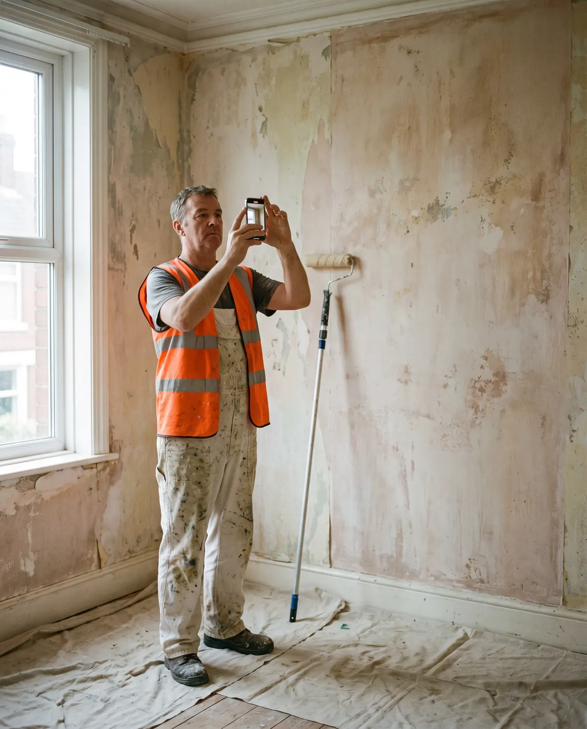 A decorator in paint-spattered overalls photographing a stripped plaster wall on a phone, a roller on a pole leaning against the wall and dust sheets down across the floor.