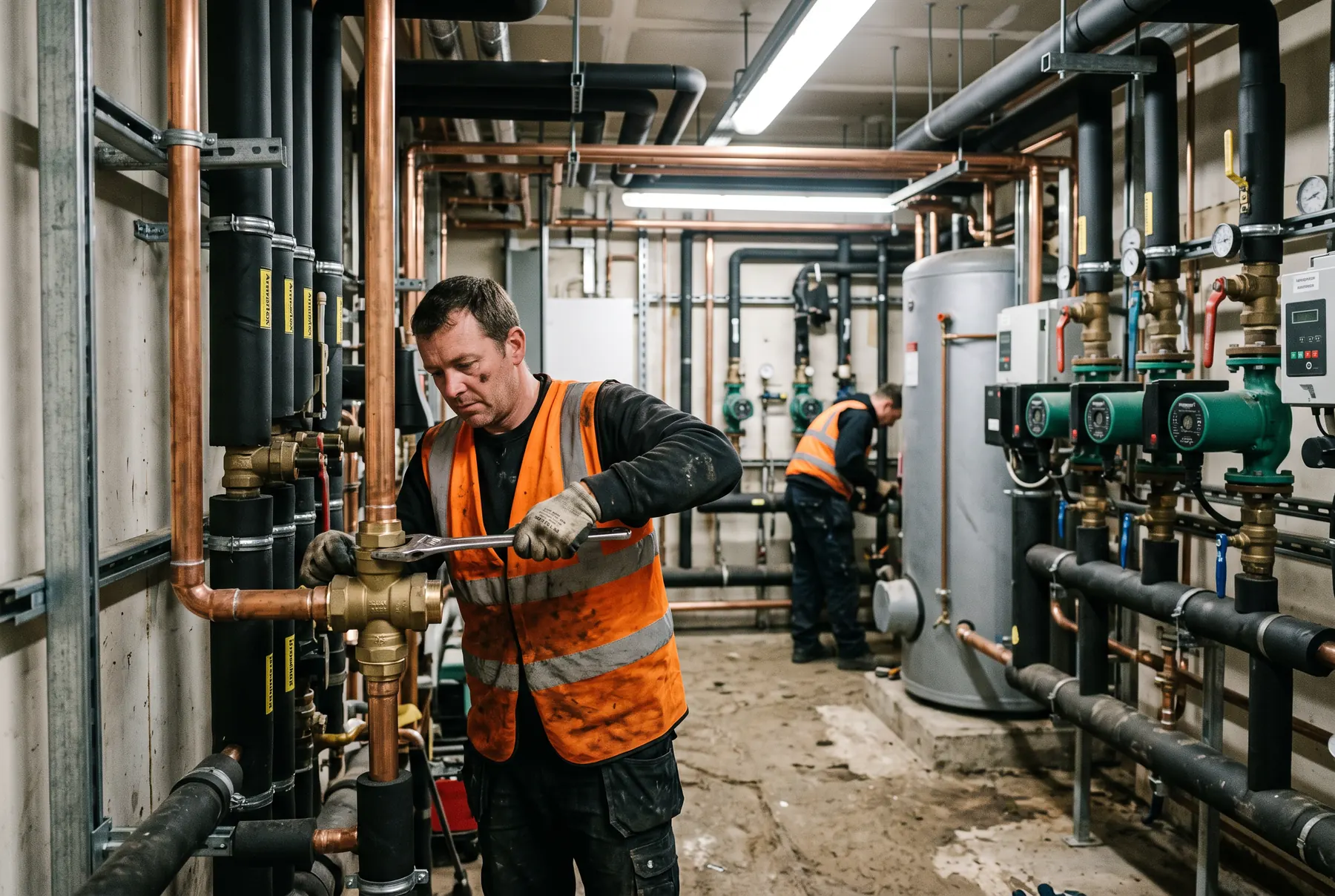 A plumber tightening a brass valve on copper pipework in a plant room, cylinders, pumps and pressure gauges either side and a second operative working further down.