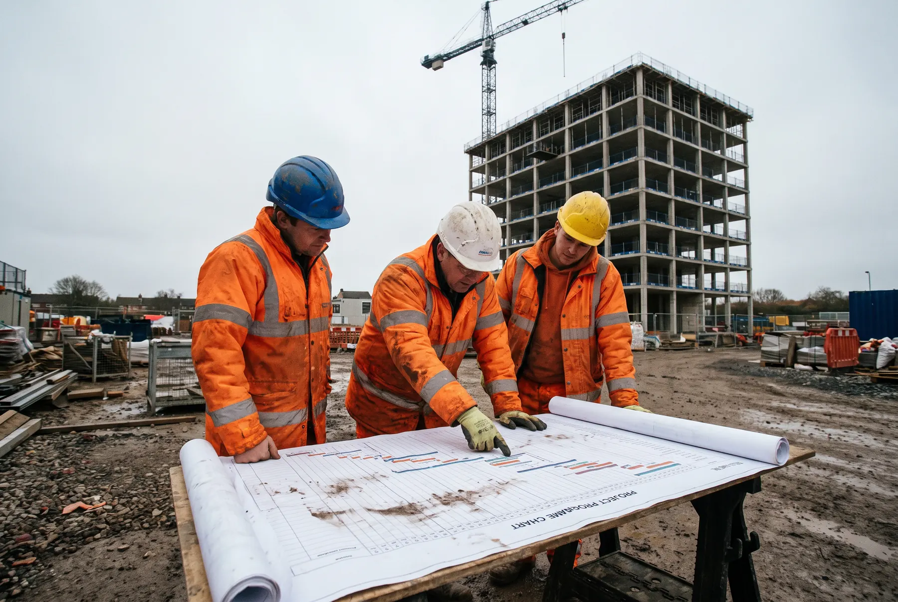 Three people in hi-vis coats reading a marked-up programme chart unrolled on a trestle table, a concrete frame and tower crane behind them.