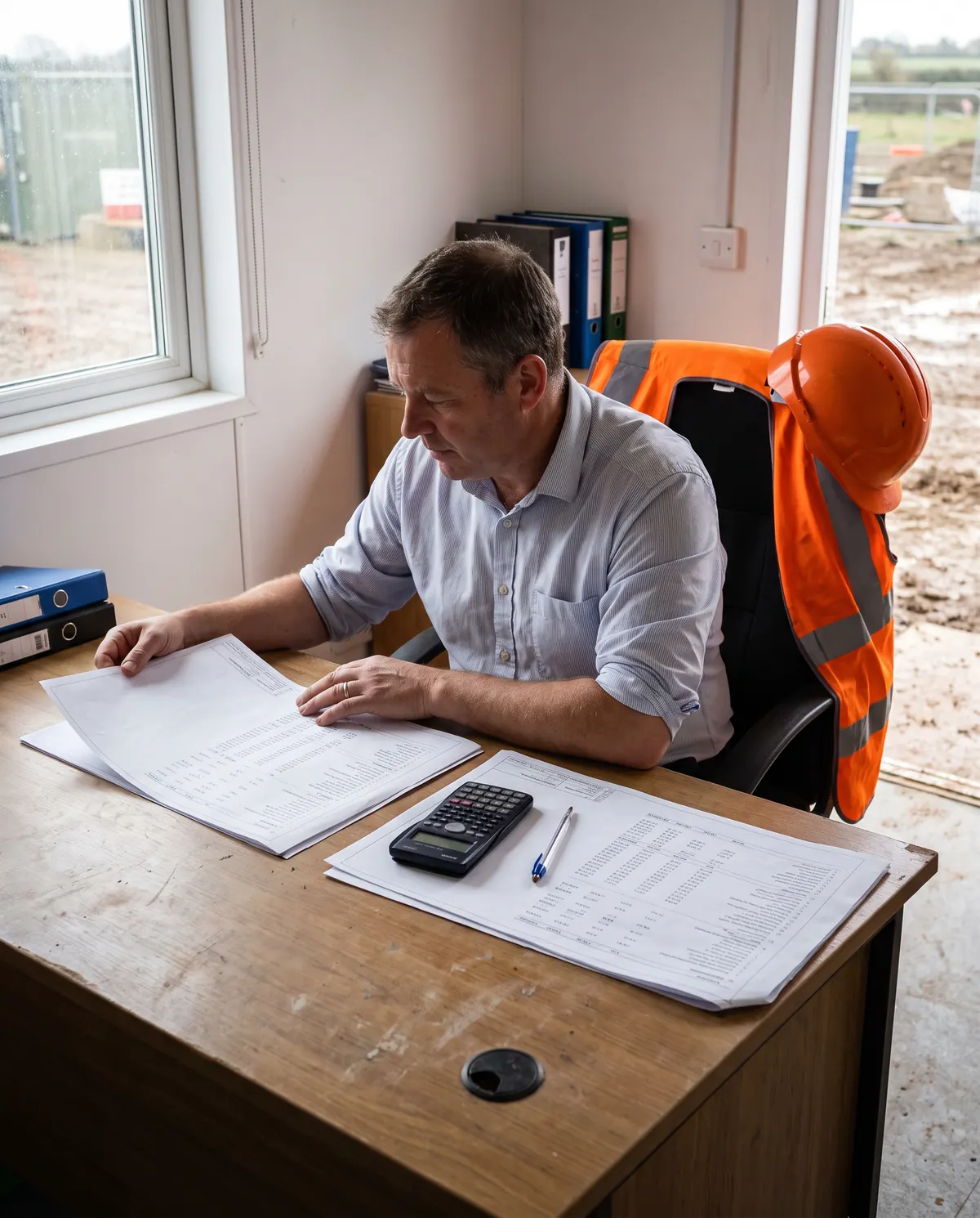 A quantity surveyor at a site-office desk comparing two printed schedules side by side with a calculator, a hi-vis jacket hung over the chair behind them.