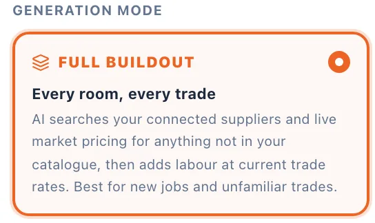 The AI Estimate Assistant in BuiltUp, which reads the takeoff and scope of works and prices against 15 materials and 9 labour roles held in the account. Generation mode is a choice between Full buildout and Price book only. Labour pricing is a choice between trade roles priced from your own labour library and a single standard rate. Labour can be shown per component or as one line. Preliminaries are set to 17% and contingency to 5%, each with the typical range printed beside it.