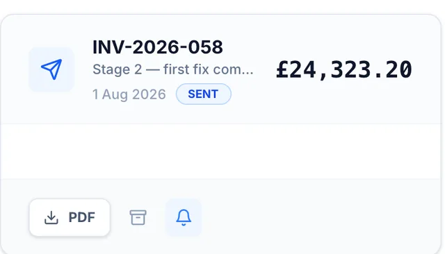 The billing screen for a kitchen extension. Contract value £60,808.00, total invoiced £42,565.60, paid to date £18,242.40 and £18,242.40 remaining to bill, over two invoice cards: INV-2026-058 for £24,323.20 marked sent, and INV-2026-041, the 30% deposit, for £18,242.40 marked paid.